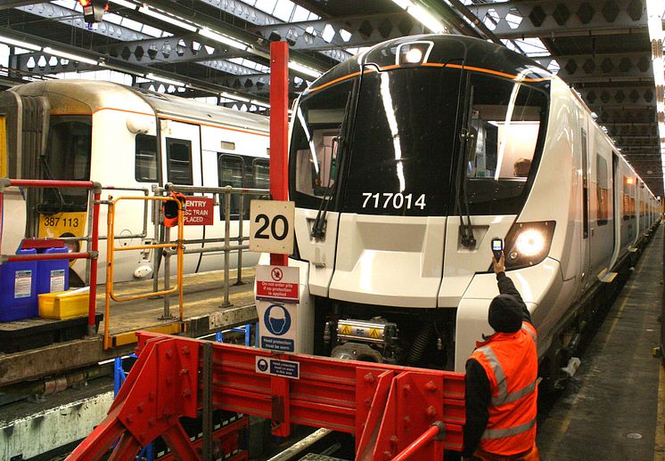 Testing the heated front screen window of a Class 717 Moorgate train with a heat sensor, in Hornsey depot