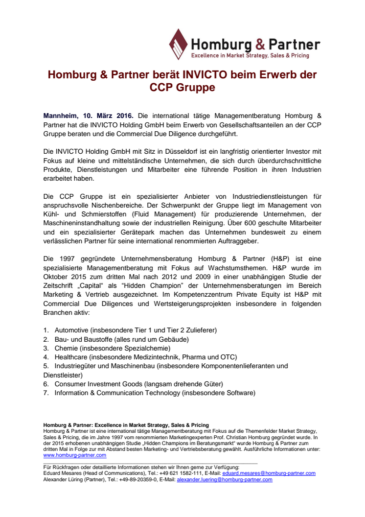 Homburg & Partner berät INVICTO beim Erwerb der CCP Gruppe