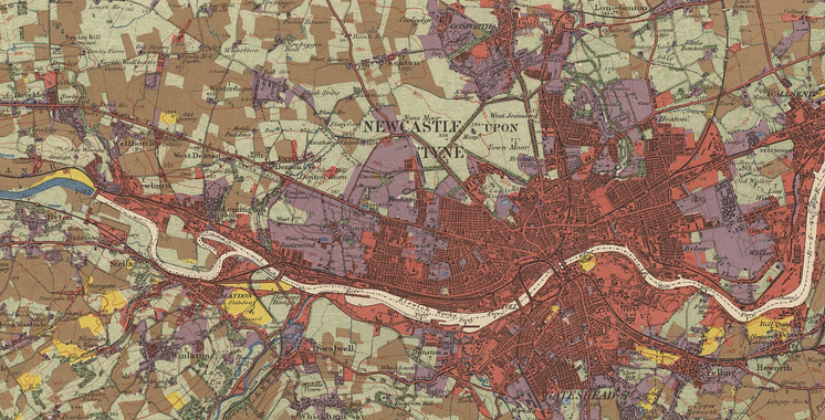 The land use of Newcastle-upon-Tyne and Gateshead as surveyed by the Land Use Survey of Britain between 1931 and 1935 (Copyright Giles Clark, CC-BY-NC-SA)