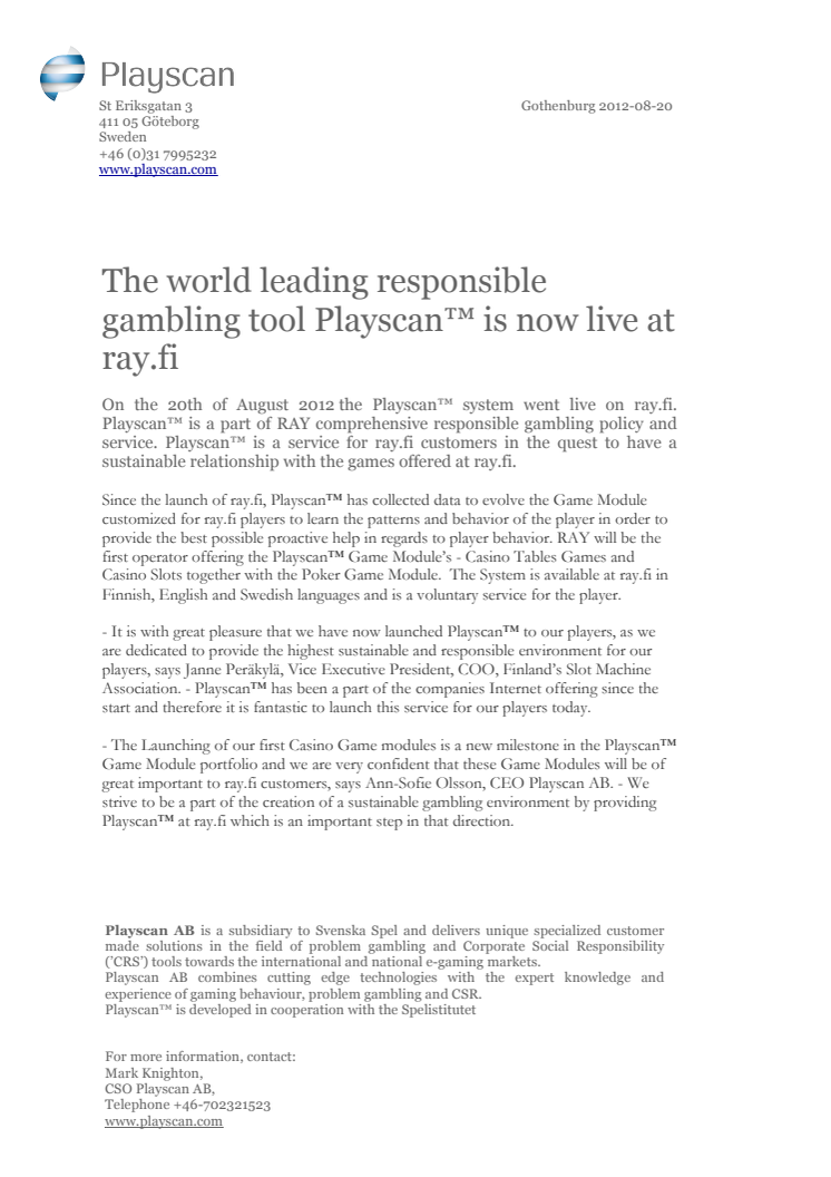 The world leading responsible gambling tool Playscan™ is now live at ray.fi 