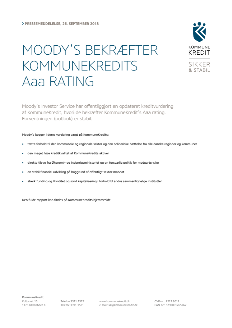 Moody’s bekræfter KommuneKredits Aaa rating