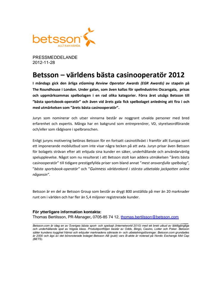 Betsson – världens bästa casinooperatör 2012