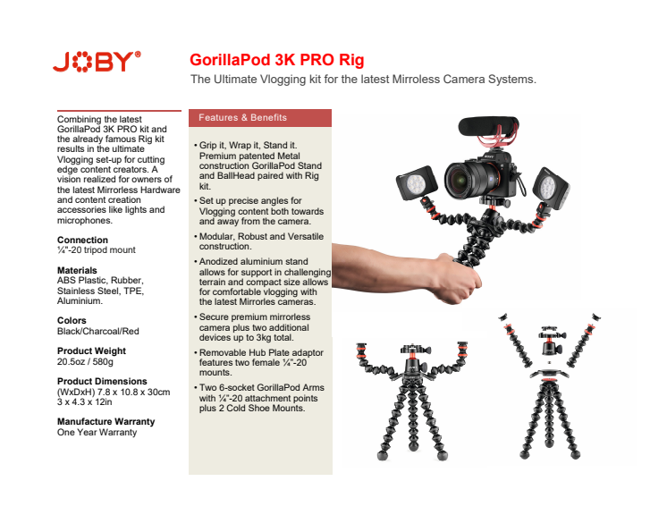 Joby GorillaPod 3K Pro Rig datasheet