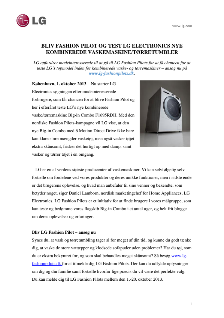 BLIV FASHION PILOT OG TEST LG ELECTRONICS NYE KOMBINEREDE VASKEMASKINE/TØRRETUMBLER