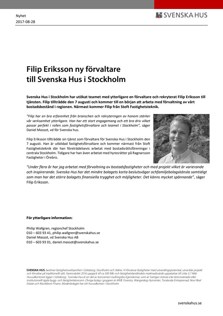 Filip Eriksson ny förvaltare till Svenska Hus i Stockholm