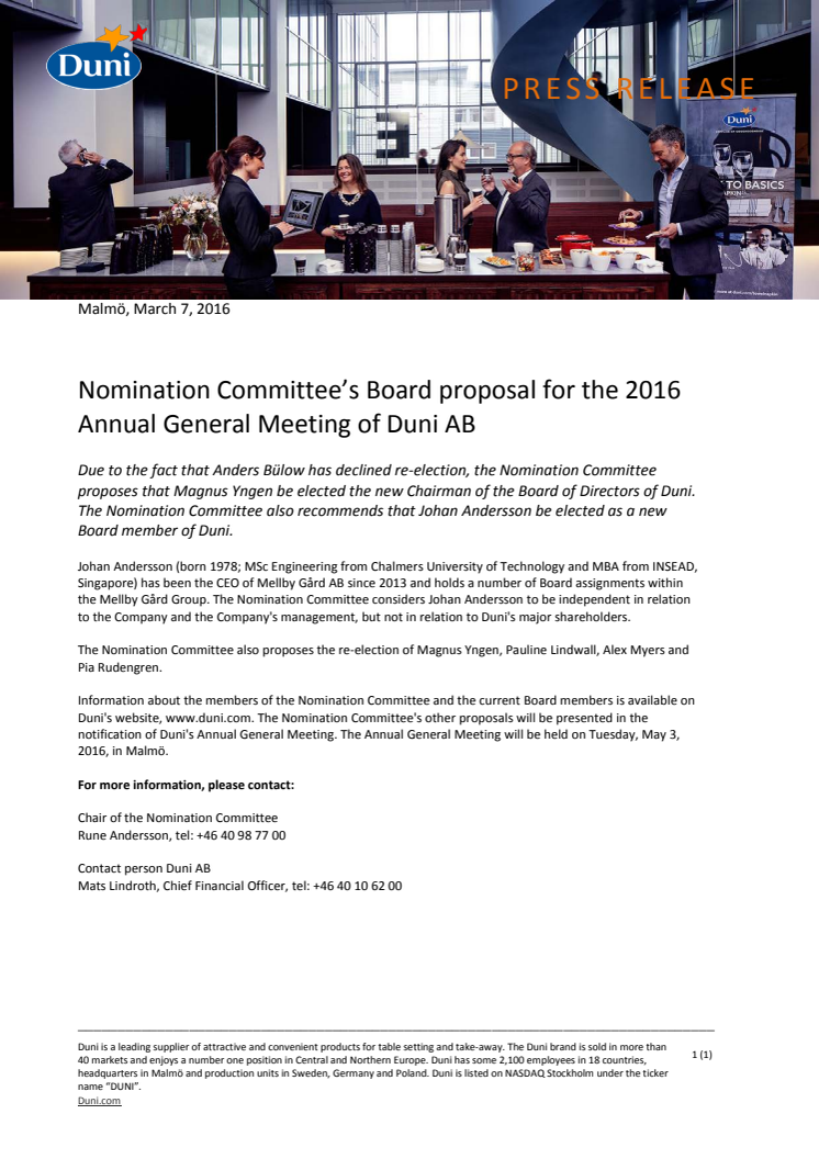 Nomination Committee’s Board proposal for the 2016 Annual General Meeting of Duni AB