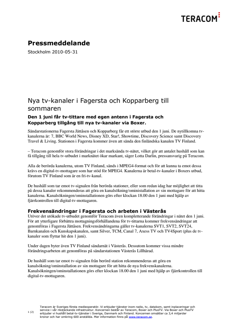 Nya tv-kanaler i Fagersta och Kopparberg till sommaren
