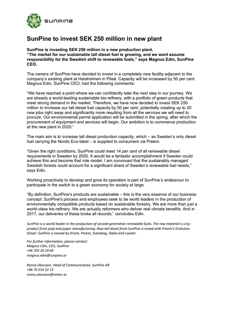 English press release - SunPine to invest SEK 250 million in new plant