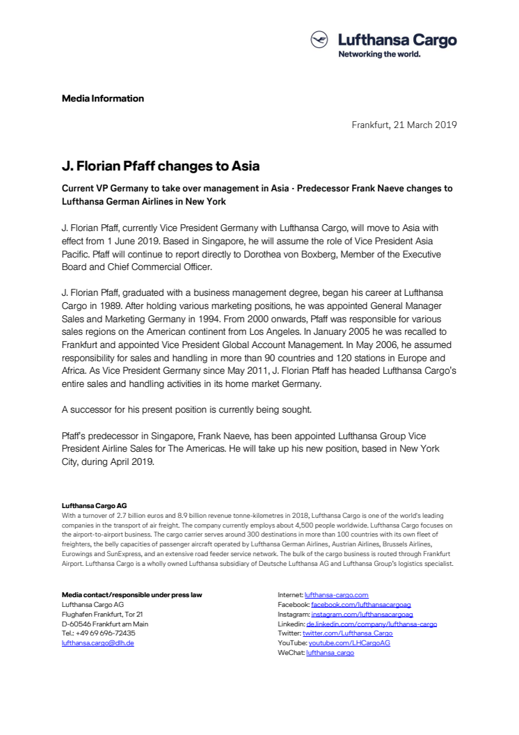 J. Florian Pfaff changes to Asia