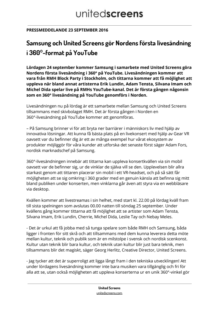 ​Samsung och United Screens gör Nordens första livesändning i 360°-format på YouTube