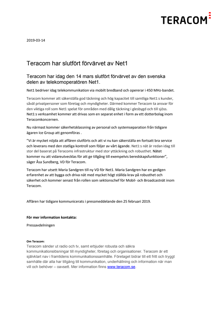 ​Teracom har slutfört förvärvet av Net1