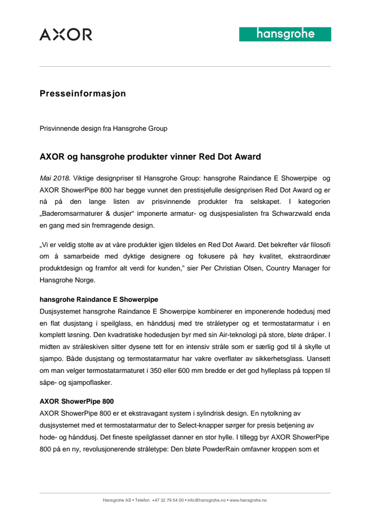 AXOR og hansgrohe produkter vinner Red Dot Award