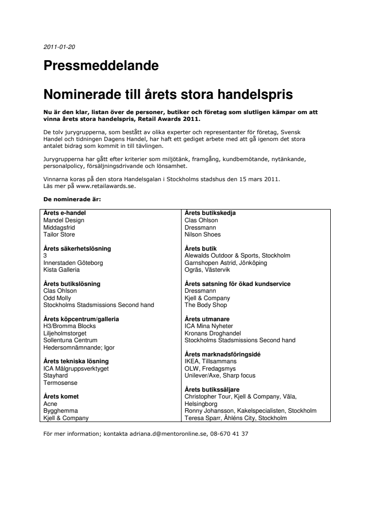 Nominerade till årets stora handelspris - Retail Awards 2011