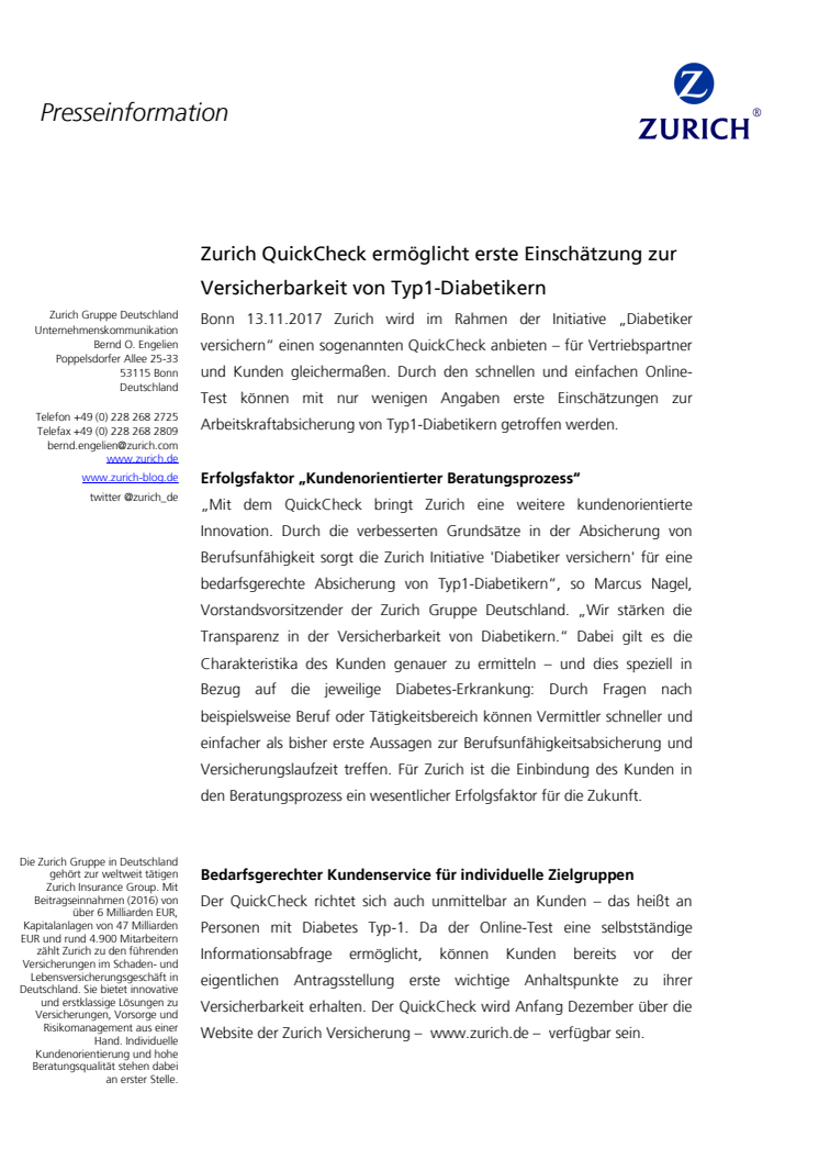 Zurich QuickCheck ermöglicht erste Einschätzung zur Versicherbarkeit von Typ1-Diabetikern 