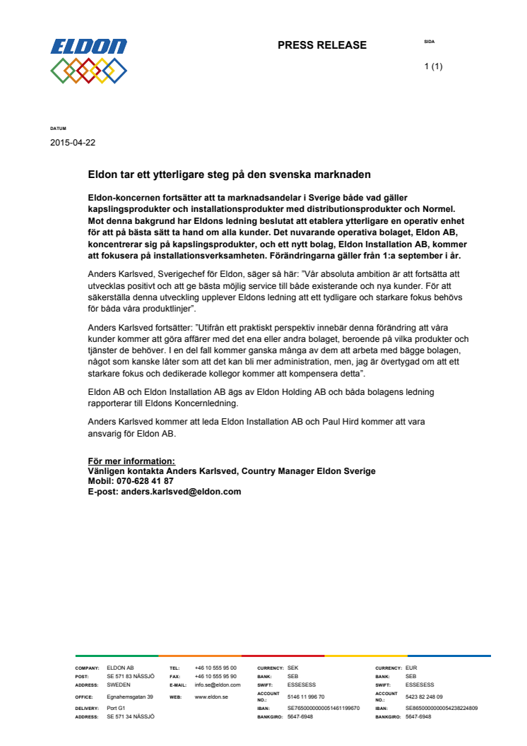 Eldon tar ett ytterligare steg på den svenska marknaden