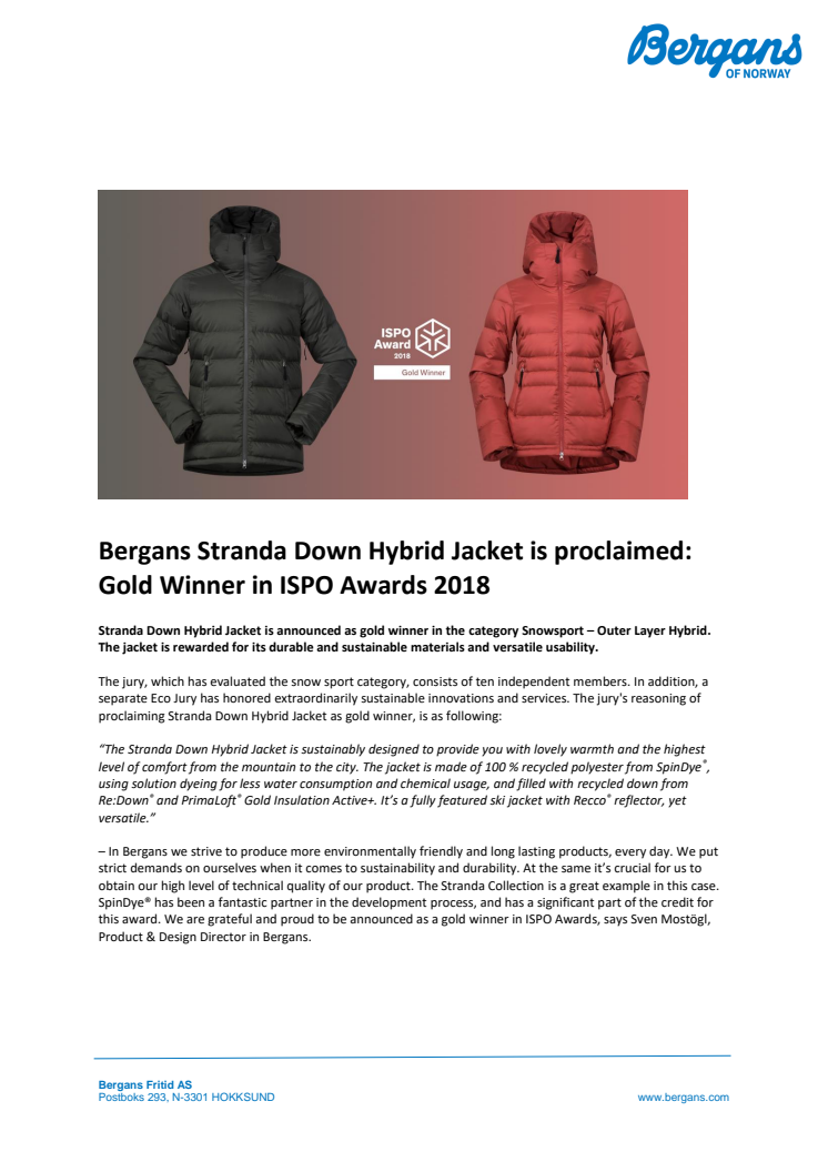 Bergans Stranda Down Hybrid Jacket is proclaimed: Gold Winner in ISPO Awards 2018