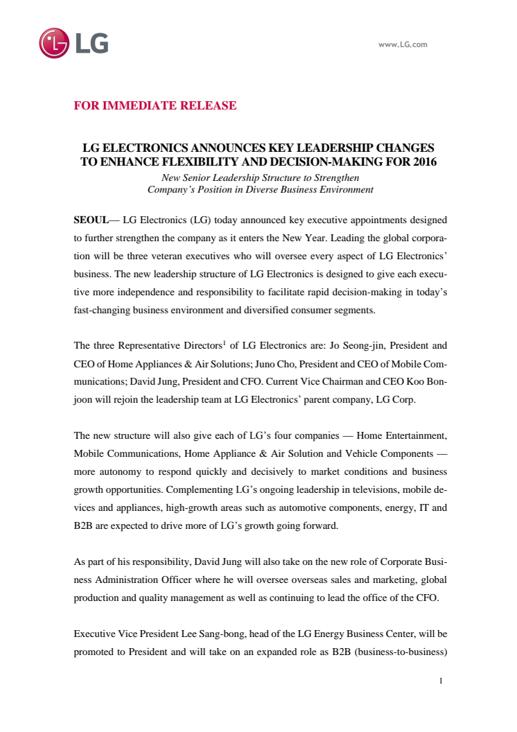 LG ELECTRONICS ANNOUNCES KEY LEADERSHIP CHANGES TO ENHANCE FLEXIBILITY AND DECISION-MAKING FOR 2016