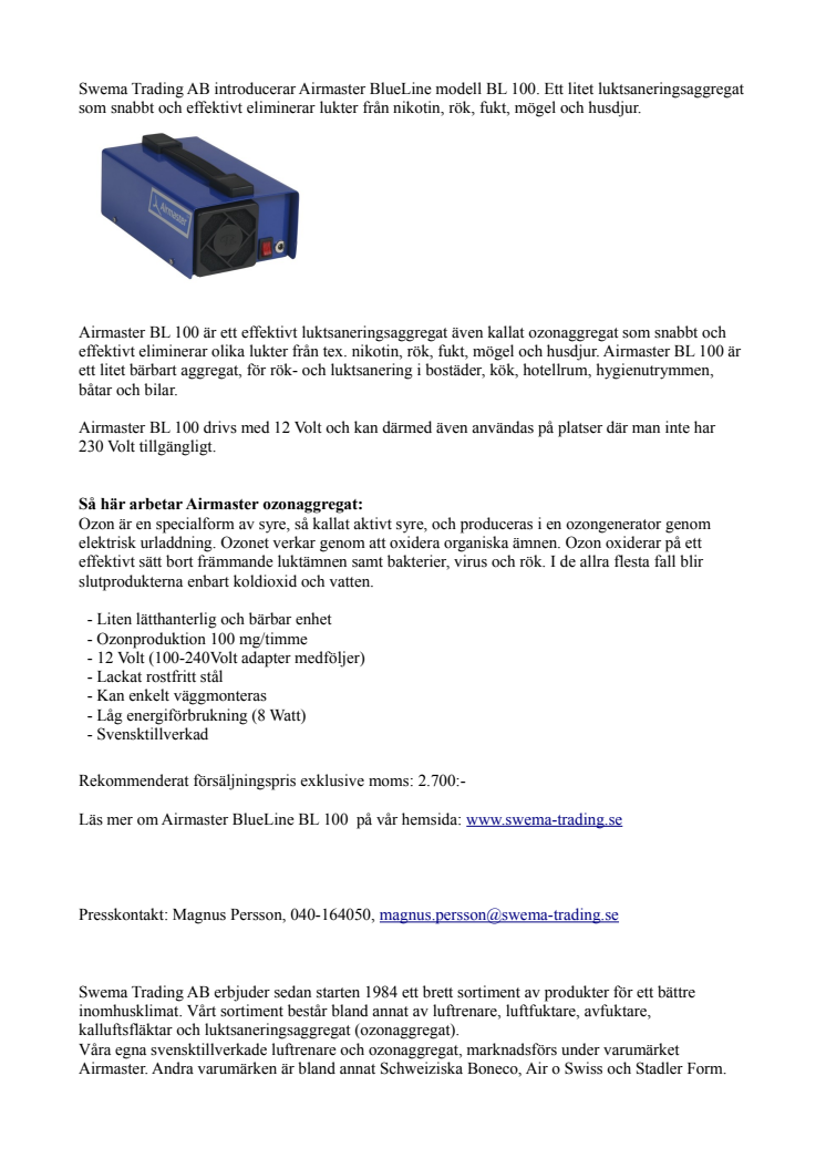 Airmaster BlueLine BL 100, ett litet effektivt luktsaneringsaggregat.