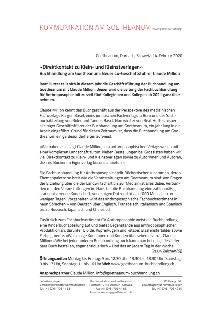 «Direktkontakt zu Klein- und Kleinstverlagen». Buchhandlung am Goetheanum: Neuer Co-Geschäftsführer Claude Million