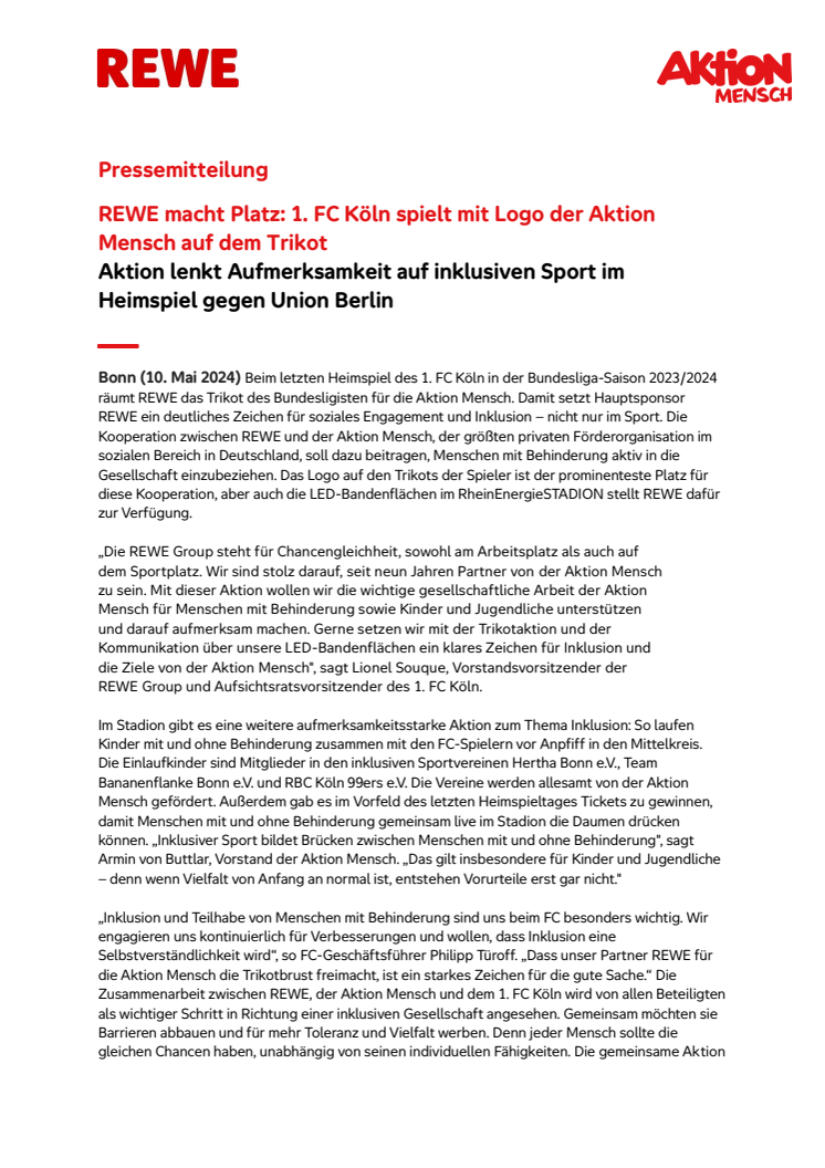 REWE macht Platz: 1. FC Köln spielt mit Logo der Aktion Mensch auf dem Trikot