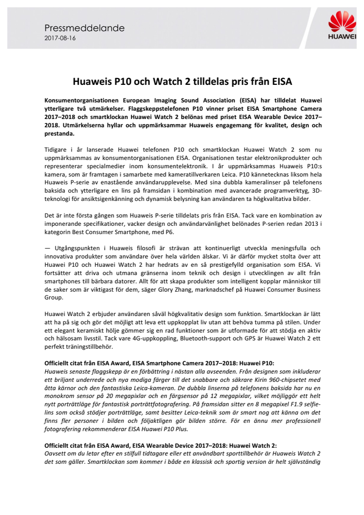  Huaweis P10 och Watch 2 tilldelas pris från EISA