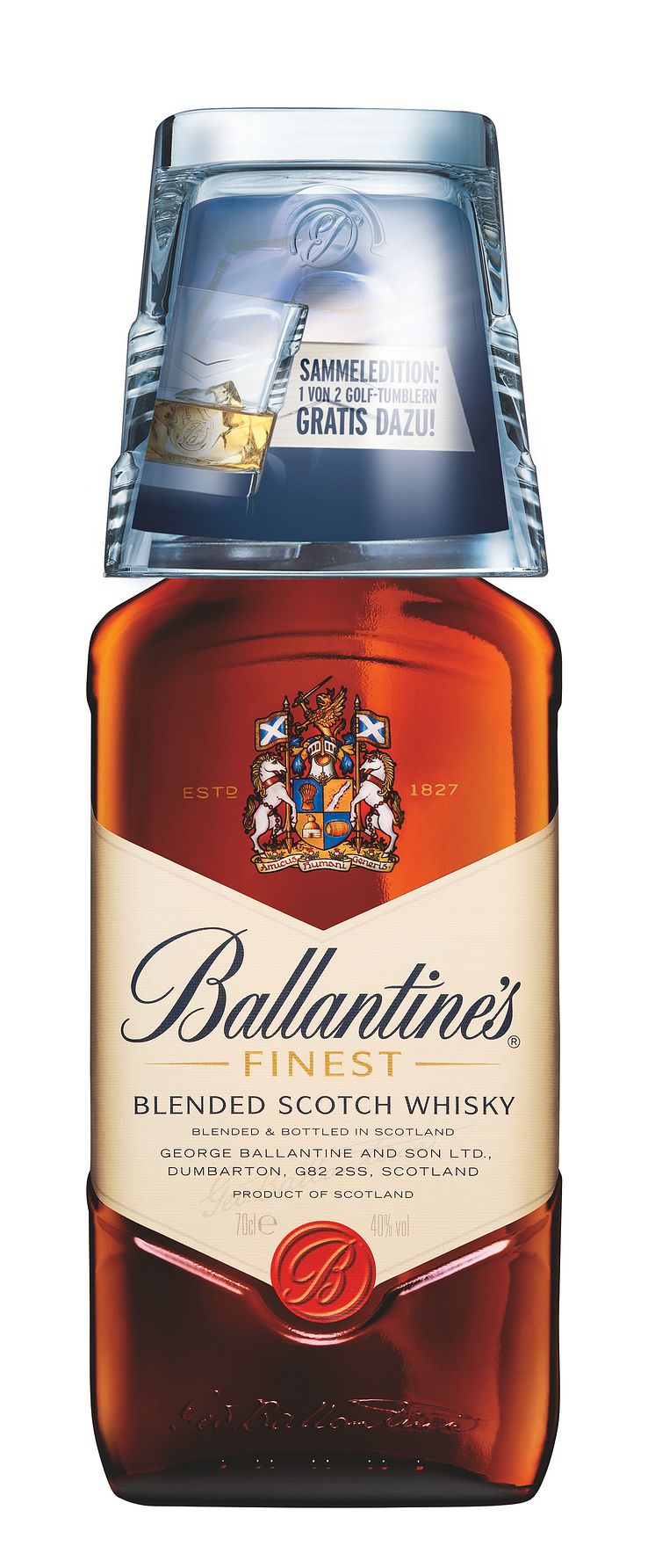 Ballantine’s mit edlem, stilvollen Tumbler in zwei verschiedenen Golf-Designs 