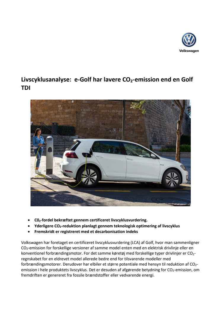 Livscyklusanalyse: e-Golf har lavere CO2-emission end en Golf TDI.