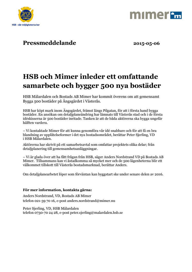 HSB och Mimer inleder ett omfattande samarbete och bygger 500 nya bostäder