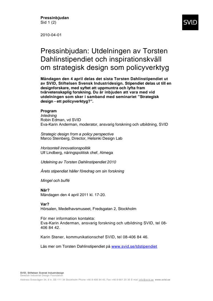 Pressinbjudan: Utdelningen av Torsten Dahlinstipendiet och inspirationskväll om strategisk design som policyverktyg