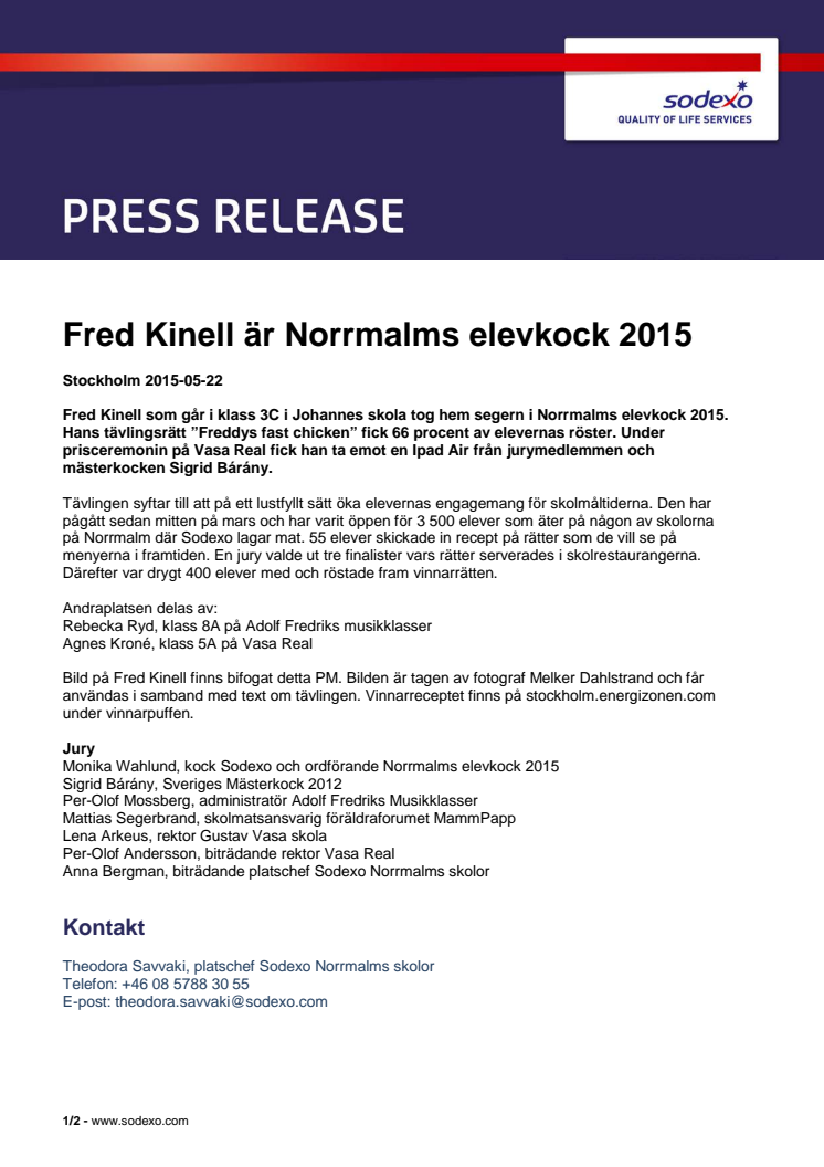 Fred Kinell är Norrmalms elevkock 2015