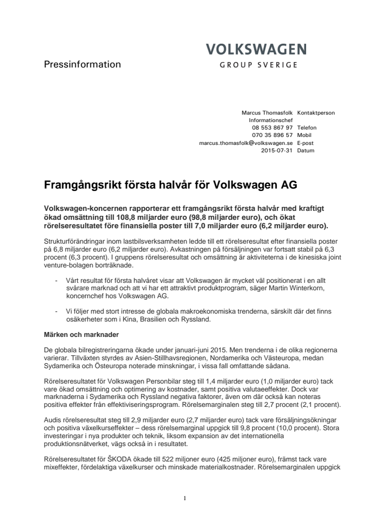 Framgångsrikt första halvår för Volkswagen AG