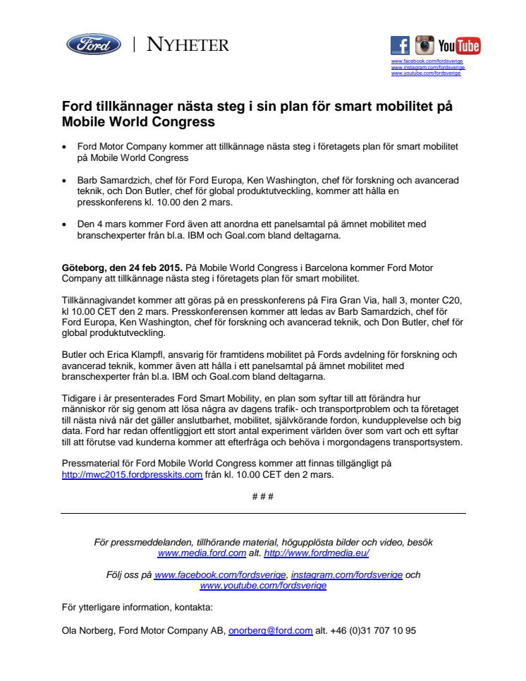 Ford tillkännager nästa steg i sin plan för smart mobilitet på Mobile World Congress