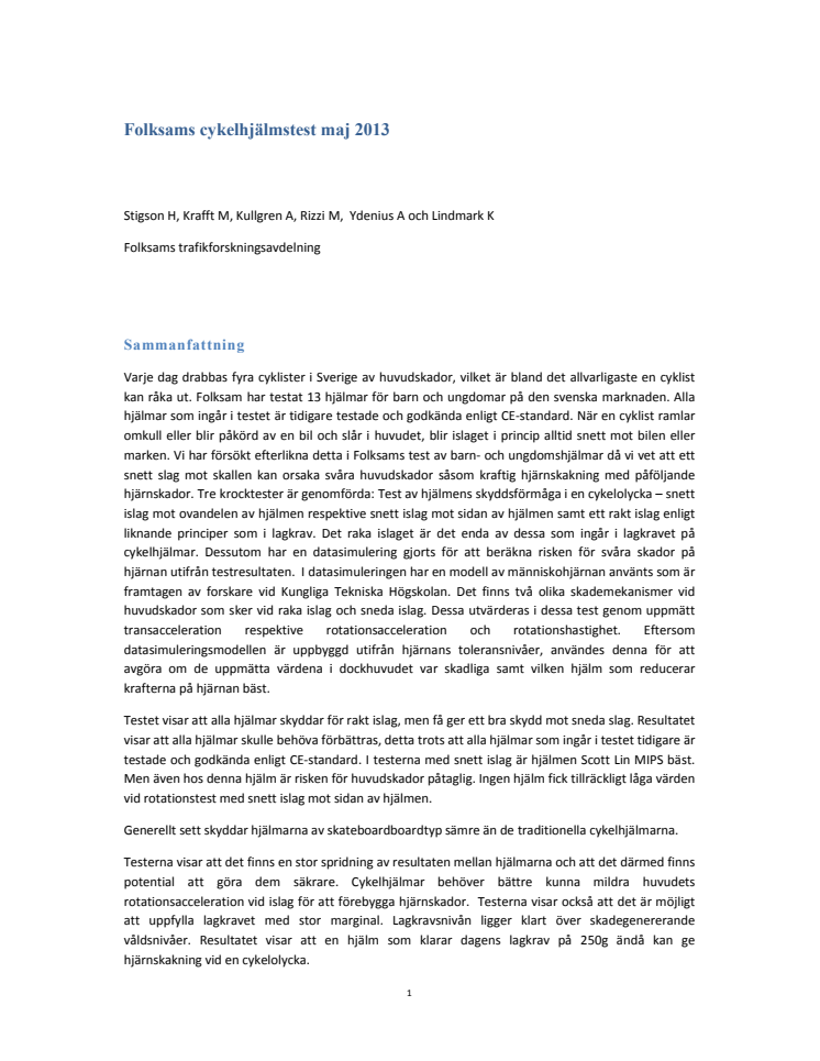 Folksam forskningsrapport - test av barncykelhjälmar 2013