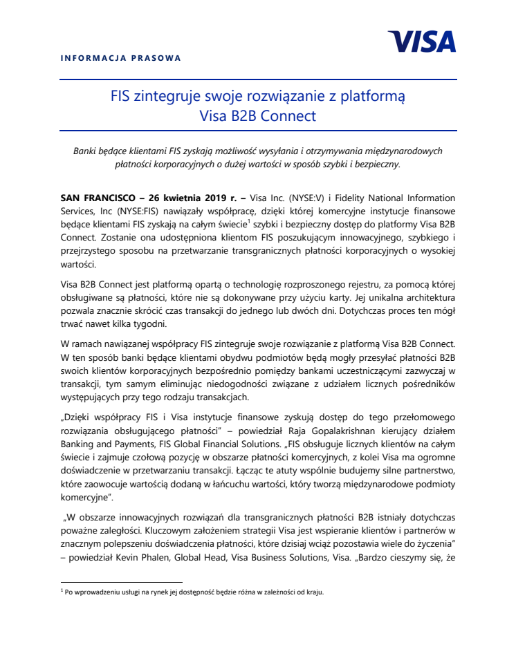 FIS zintegruje swoje rozwiązanie z platformą Visa B2B Connect 