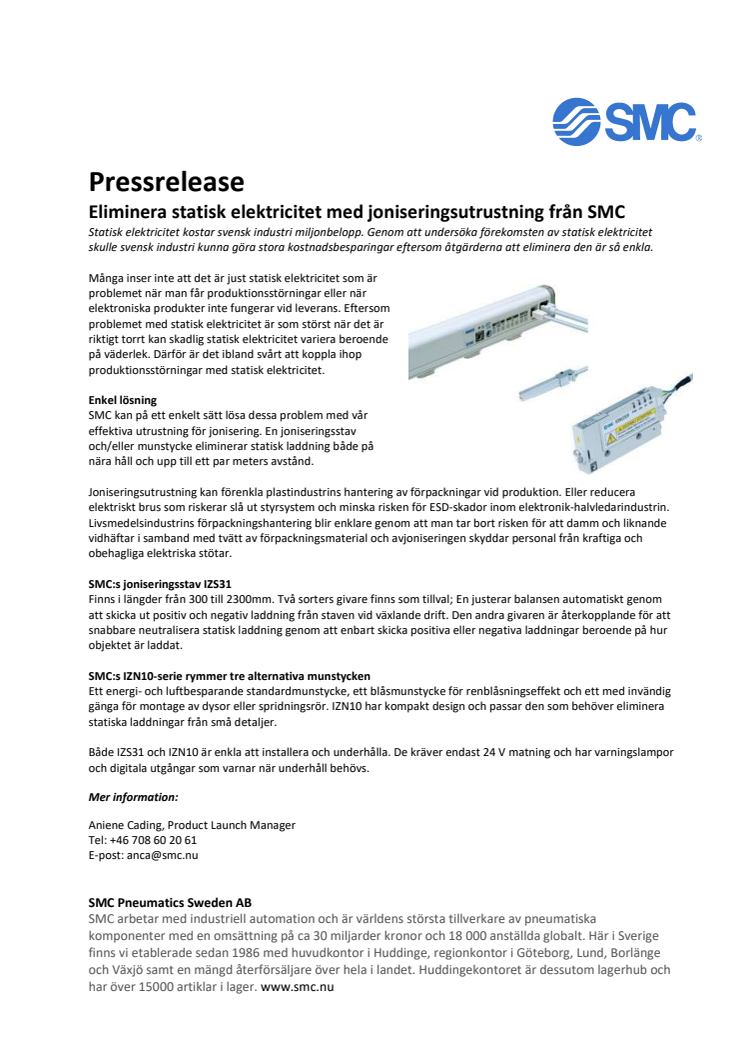 Eliminera statisk elektricitet med joniseringsutrustning från SMC