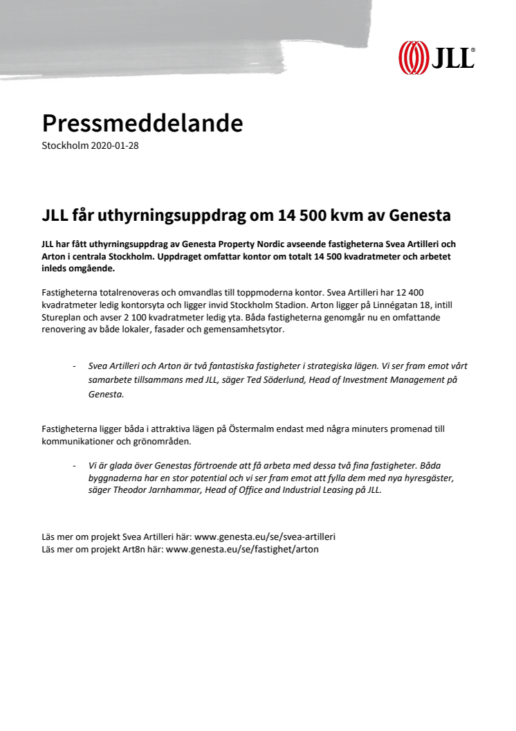 JLL får uthyrningsuppdrag om 14 500 kvm av Genesta 