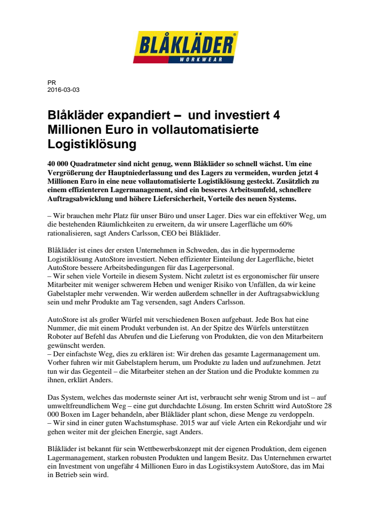 Blåkläder expandiert - und investiert 4 Millionen Euro in vollautomatisierte Logistiklösung