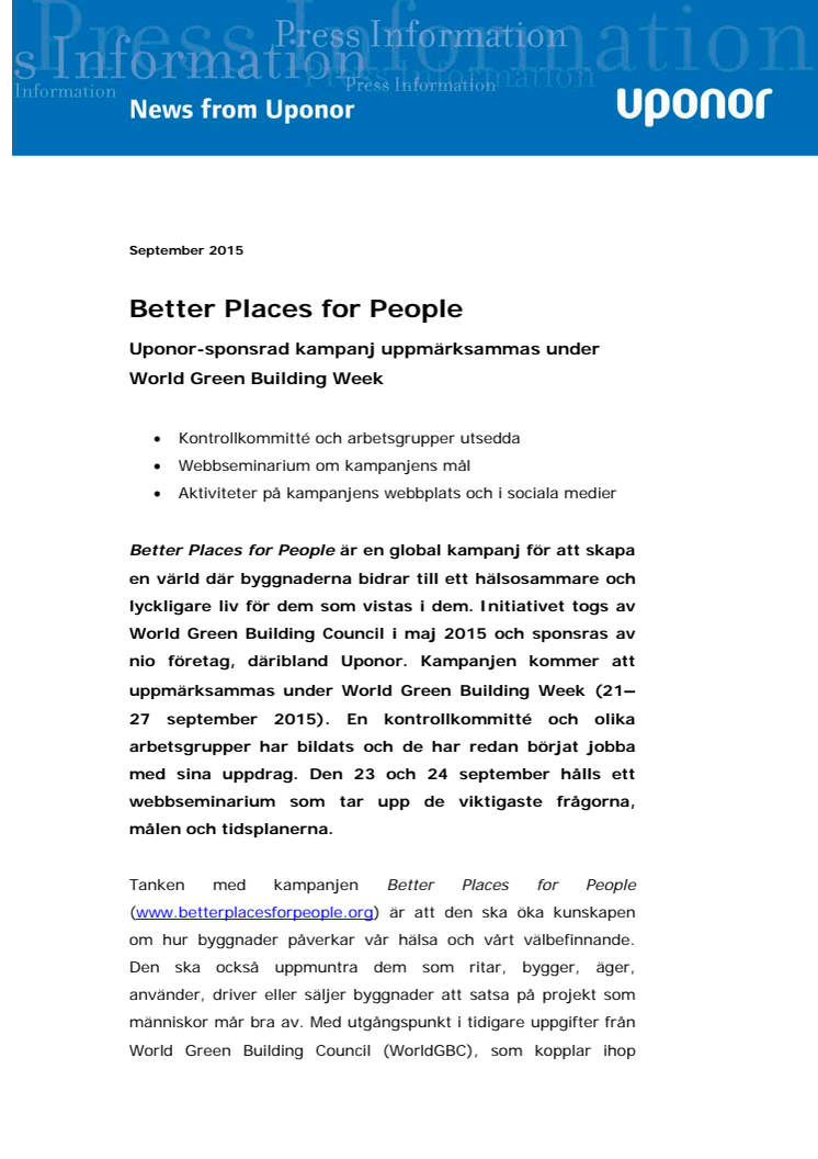 ​Better Places for People - Uponor-sponsrad kampanj uppmärksammas under World Green Building Week