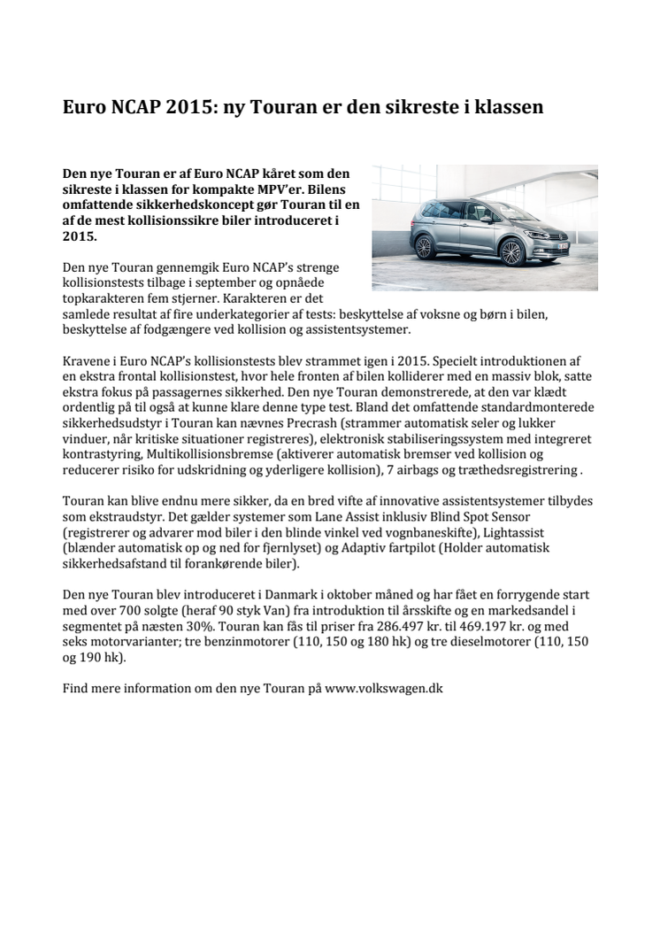 Euro NCAP 2015: ny Touran er den sikreste i klassen