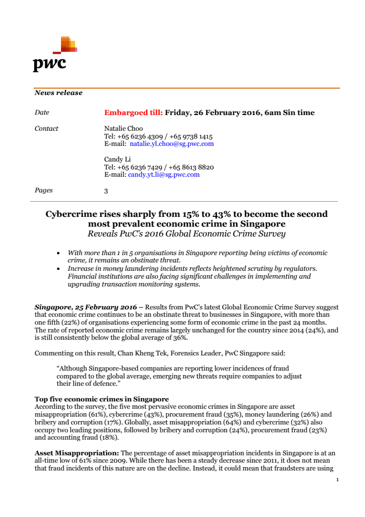 ​Cybercrime rises sharply from 15% to 43% to become the second most prevalent economic crime in Singapore reveals PwC’s 2016 Global Economic Crime Survey
