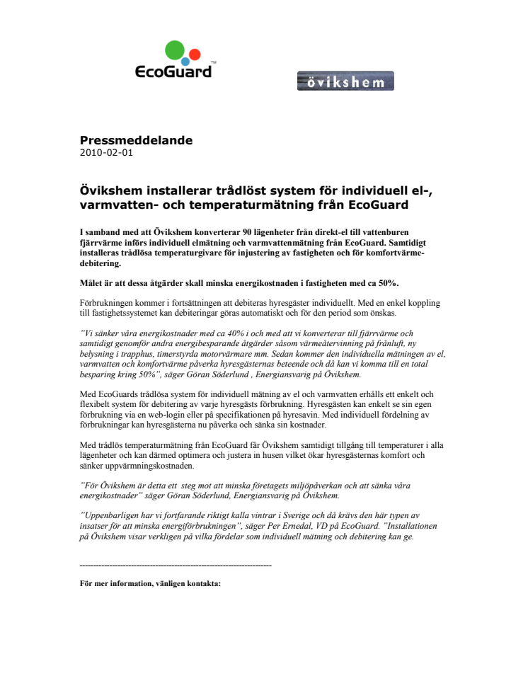 Övikshem installerar trådlöst system för individuell el-, varmvatten- och temperaturmätning från EcoGuard