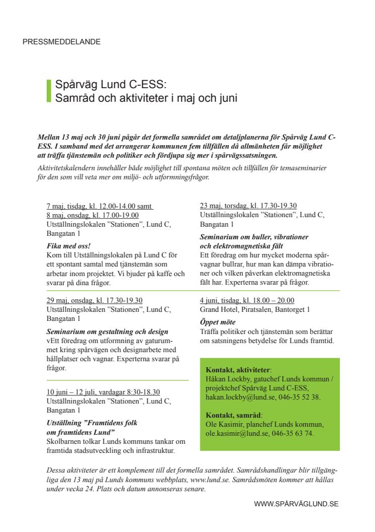 Spårväg Lund C-ESS: Samråd och aktiviteter i maj och juni