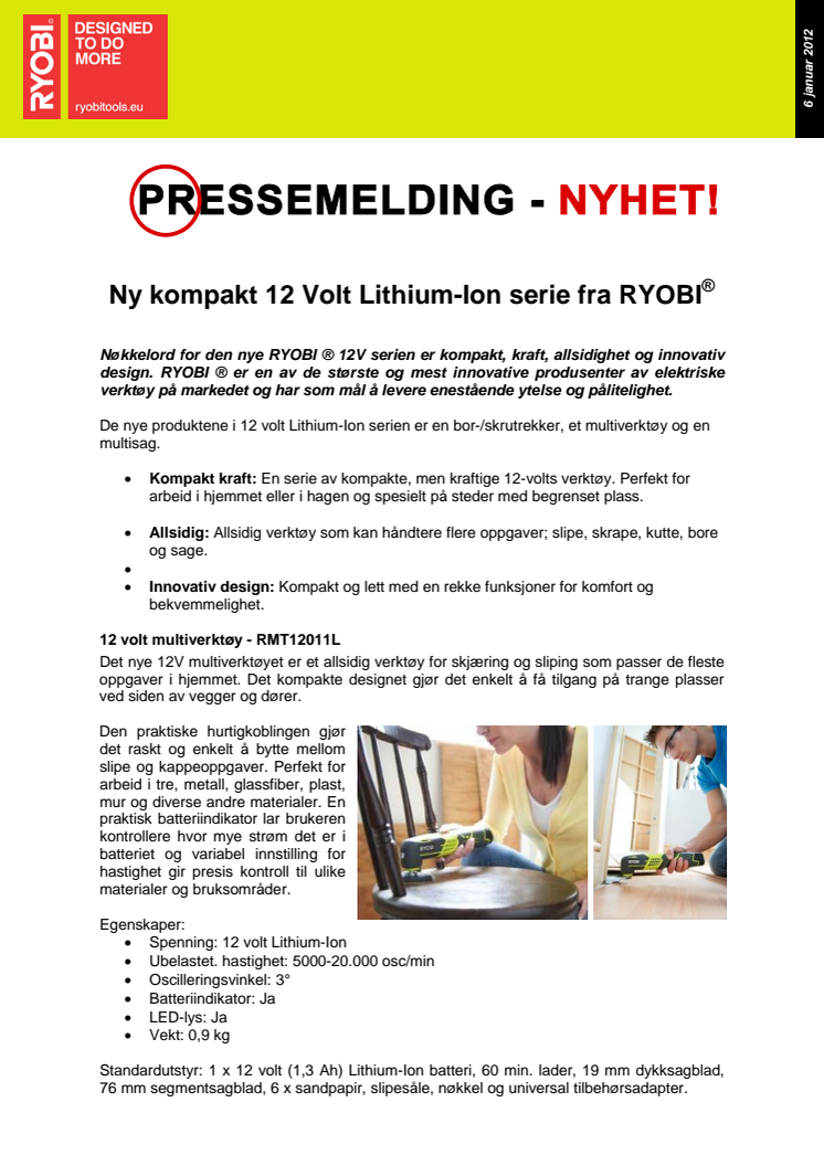Ny kompakt 12 Volt Lithium-Ion serie fra RYOBI®