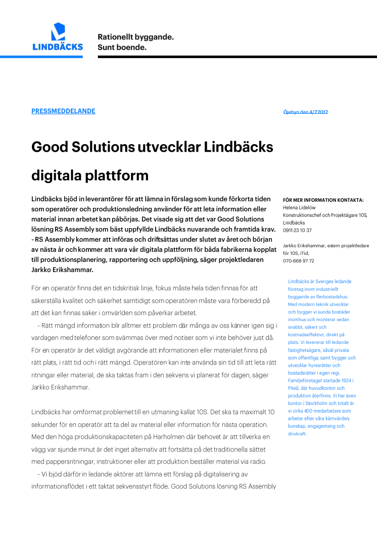 Good Solutions utvecklar Lindbäcks digitala plattform