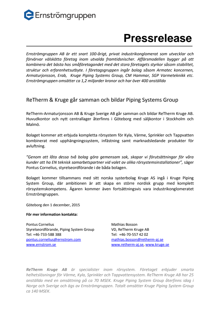 ReTherm & Kruge går samman och bildar Piping Systems Group