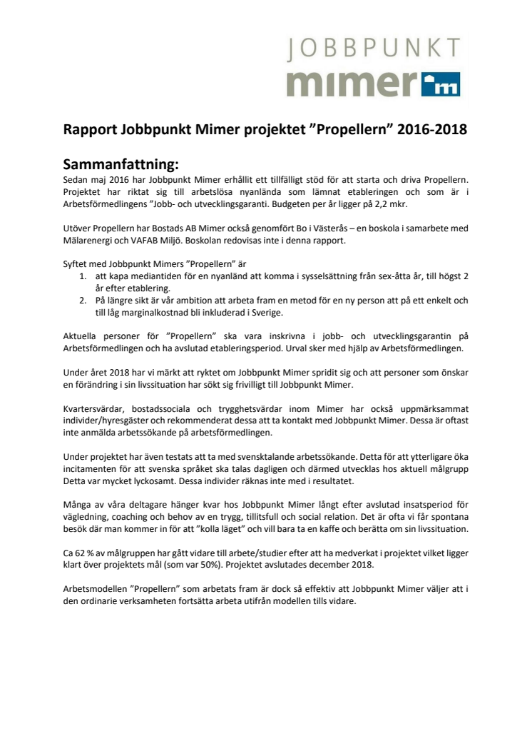 Slutrapport Propellern Jobbpunkt Mimer