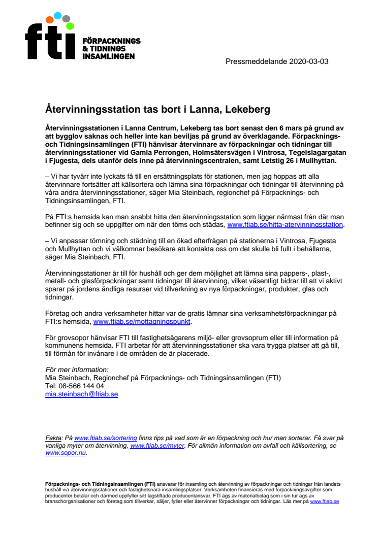 Återvinningsstation tas bort i Lanna, Lekeberg