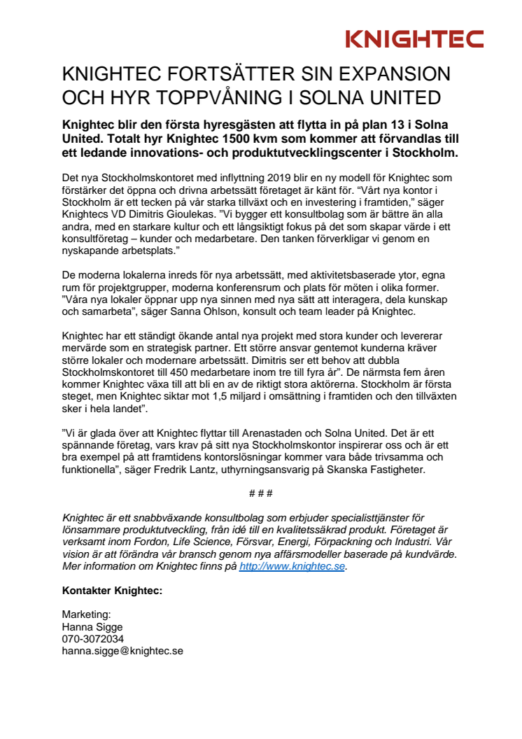 Knightec fortsätter sin expansion och hyr toppvåning i Solna United 