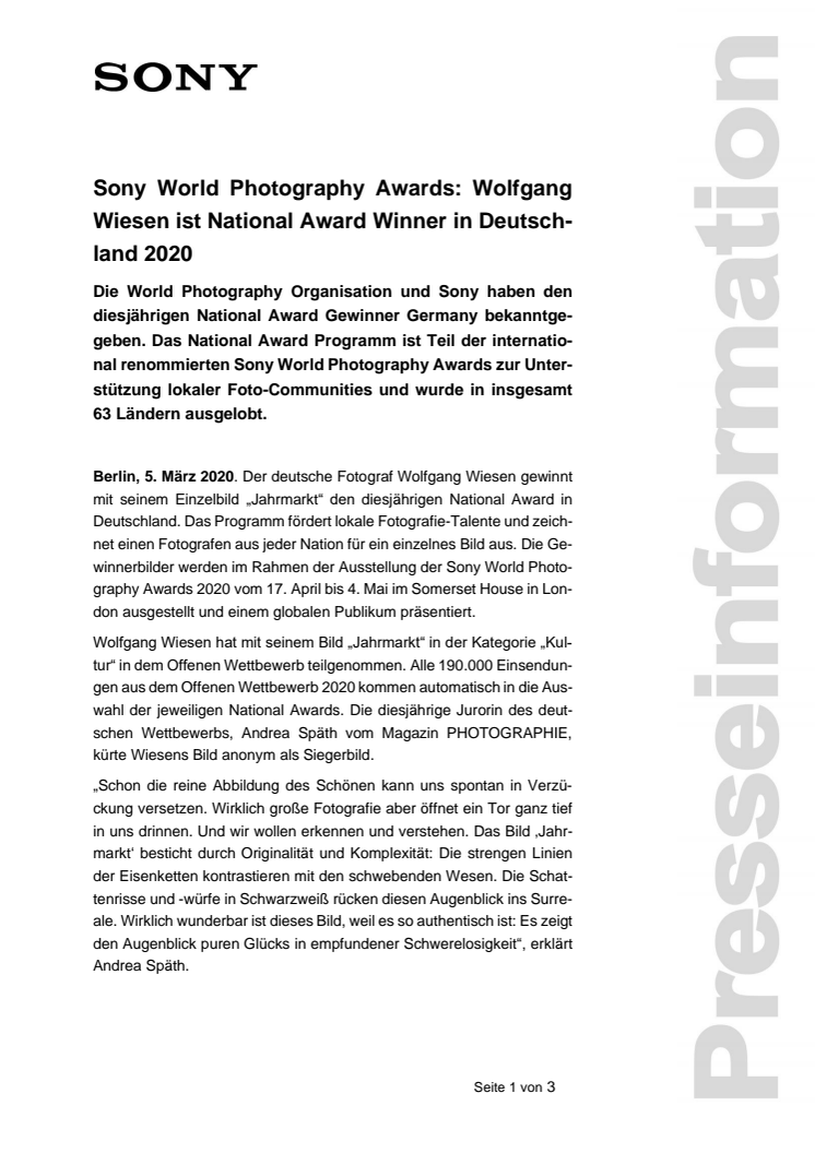 Sony World Photography Awards: Wolfgang Wiesen ist National Award Winner in Deutschland 2020