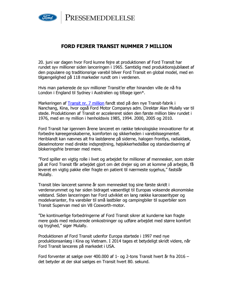 FORD FEJRER TRANSIT NUMMER 7 MILLION